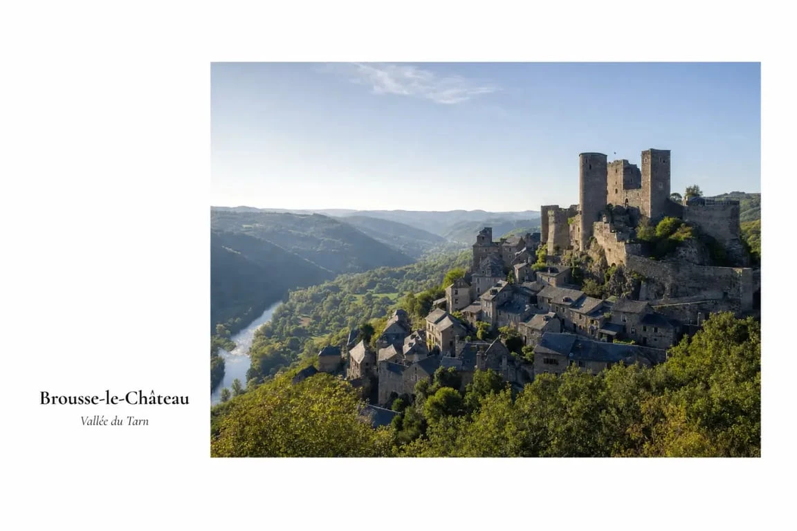 Tarif visite Brousse-le-Château : vue éditoriale du château médiéval et du village classé au-dessus du Tarn
