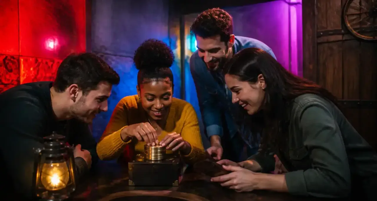Groupe d'amis résolvant un escape game à Rodez