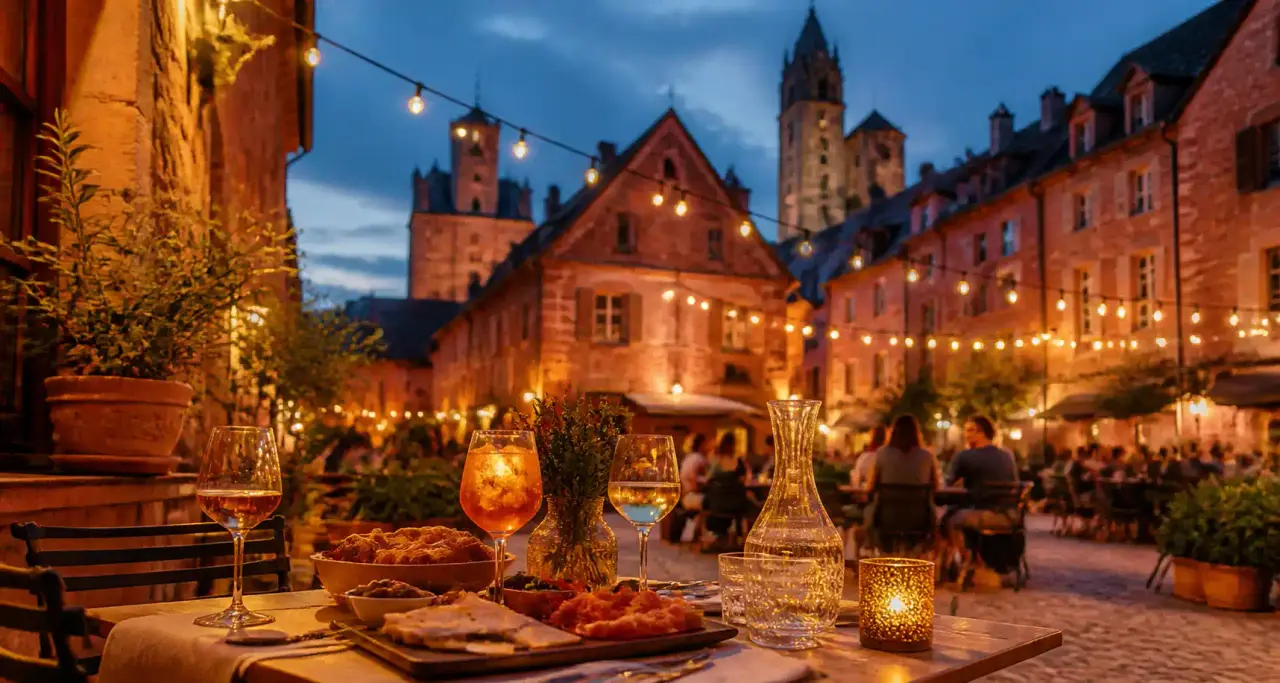 Terrasse conviviale au coucher du soleil dans une place de la vieille ville de Rodez, façades en grès rose, table d'apéritif dressée