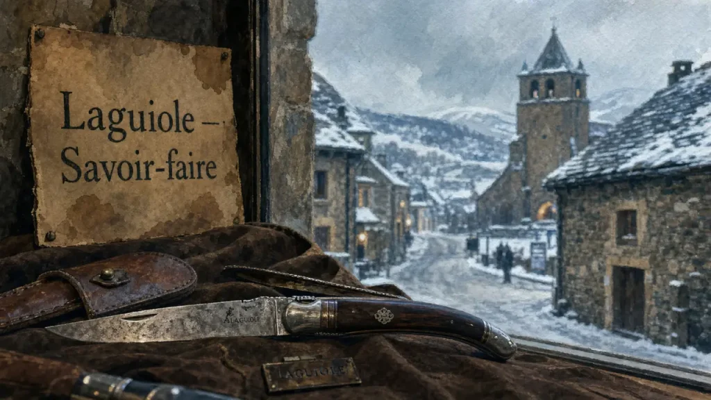 Tourisme Laguiole Aveyron : vitrine de coutellerie et ruelles d’Aubrac
