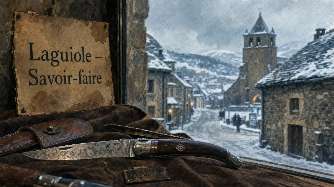 Tourisme Laguiole Aveyron : vitrine de coutellerie et ruelles d’Aubrac