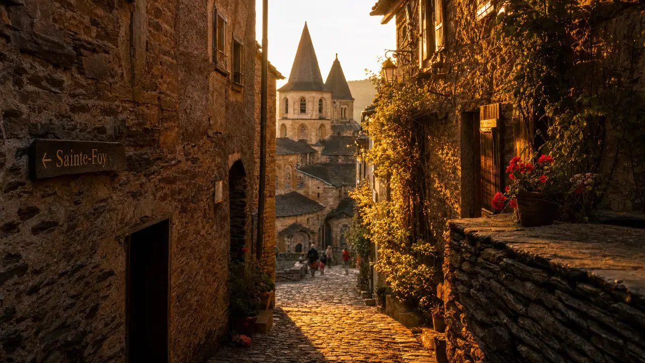 Visiter conques aveyron : ruelle vers l’abbatiale Sainte-Foy, pierre et lauze.