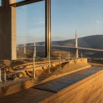 Aire du viaduc de Millau : maquette exposée avec vue sur le viaduc