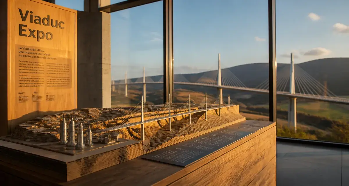 Aire du viaduc de Millau : maquette exposée avec vue sur le viaduc
