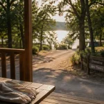 Aveyron camping les tours : terrasse mobil-home au bord du lac de la Selves