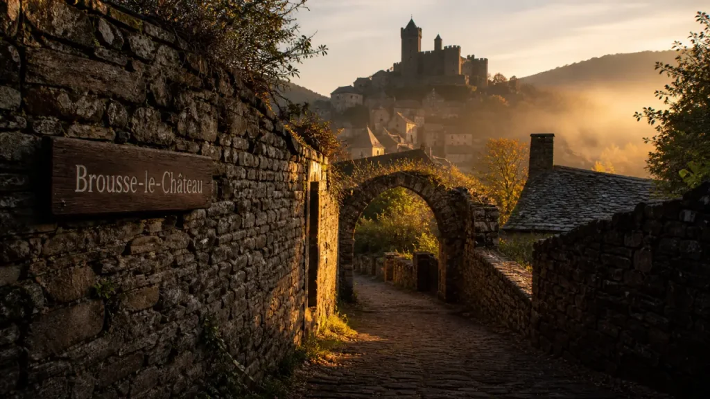 brousse le chateau : ruelle pavée et château médiéval au coucher du soleil
