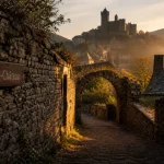 brousse le chateau : ruelle pavée et château médiéval au coucher du soleil