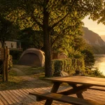 camping aguessac aveyron : terrasse, Tarn et gorges du Tarn au fond
