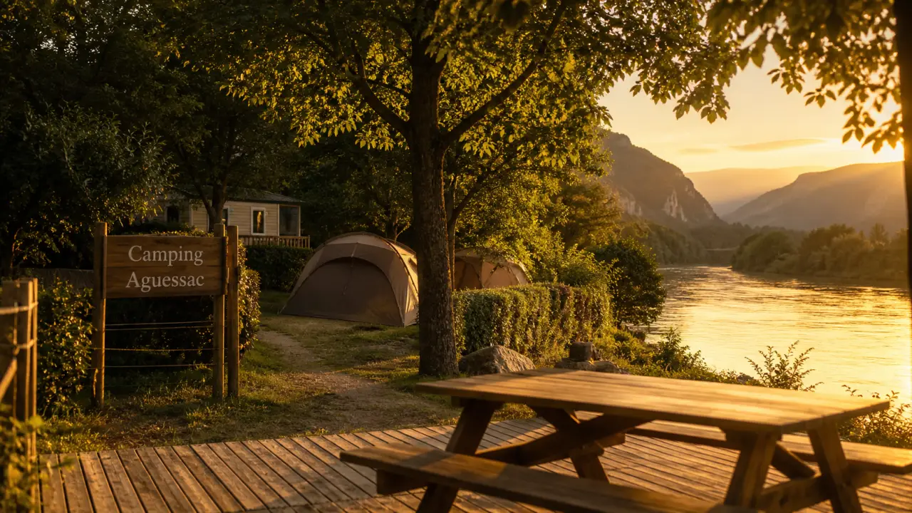 camping aguessac aveyron : terrasse, Tarn et gorges du Tarn au fond