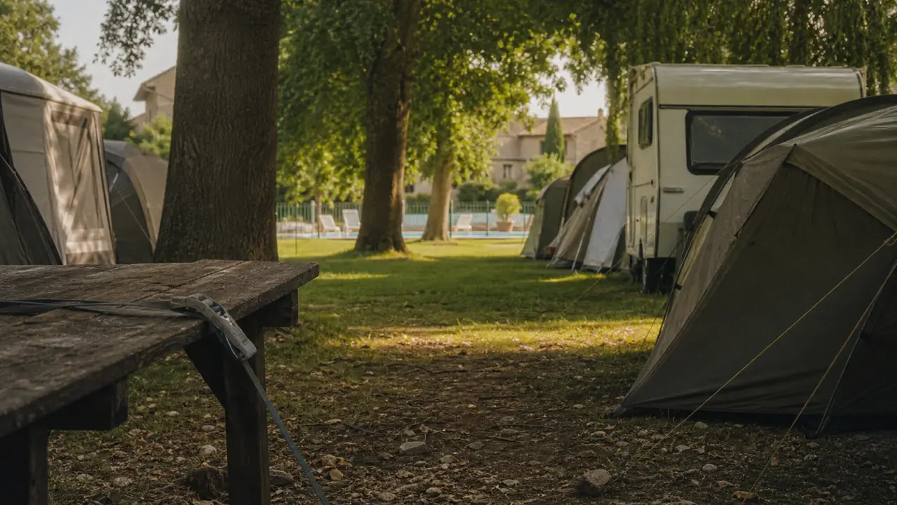 Camping camares aveyron : emplacements ombragés sous les arbres, piscine extérieure