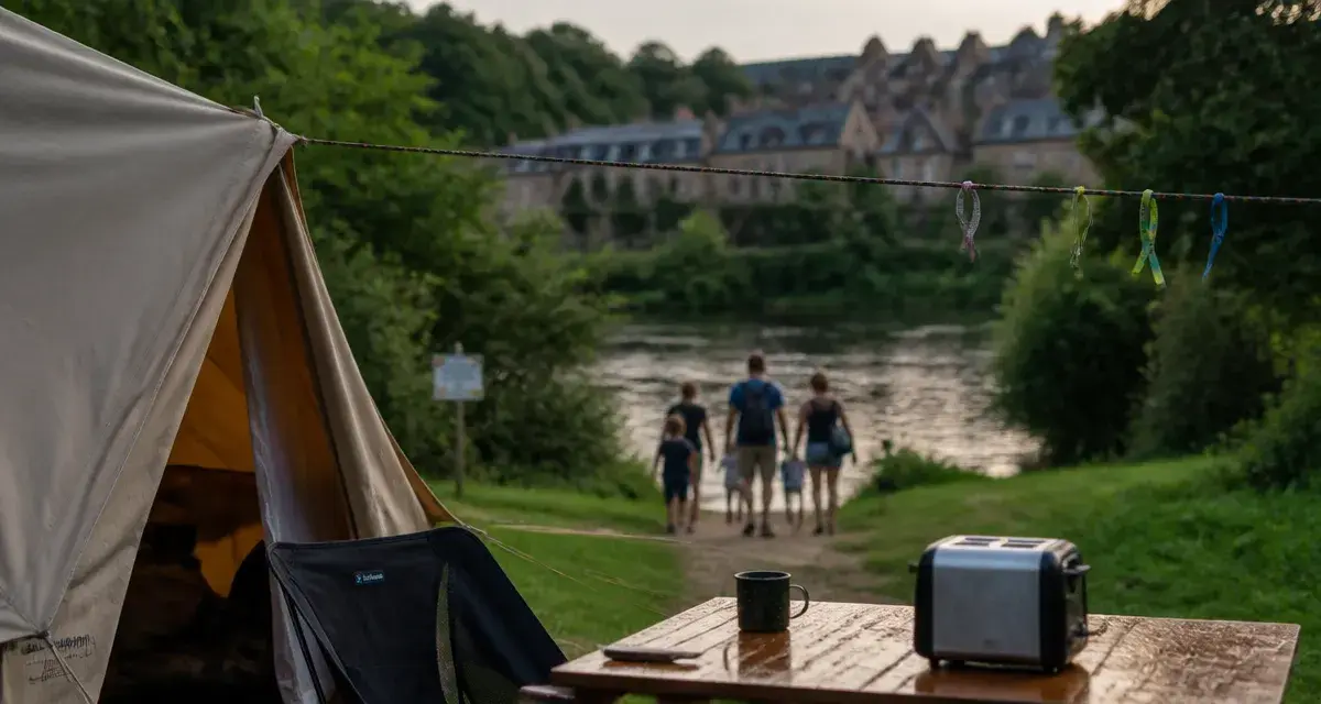 Camping espalion aveyron : table et tente près de la rivière Lot