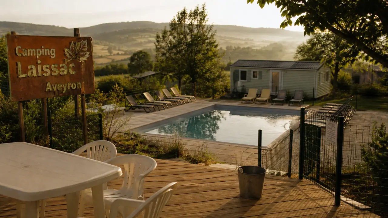 Camping Laissac Aveyron : terrasse et piscine chauffée à La Grange de Monteillac