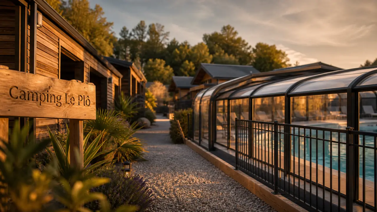 Camping le plô aveyron : piscine chauffée couverte et chalets bois