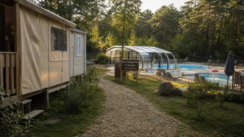 Camping les Calquières camping Aveyron : piscine chauffée, transats et pataugeoire
