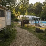 Camping les Calquières camping Aveyron : piscine chauffée, transats et pataugeoire