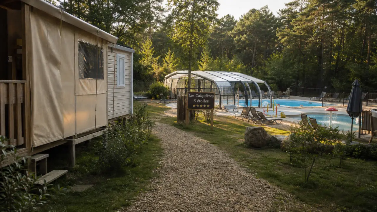 Camping les Calquières camping Aveyron : piscine chauffée, transats et pataugeoire