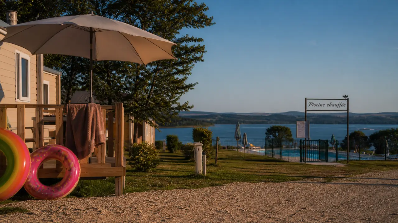 Camping les genets aveyron : terrasse mobil-home et piscine chauffée près du lac de Pareloup