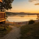 Camping soleil levant aveyron au bord du lac de Pareloup, passerelle et plage