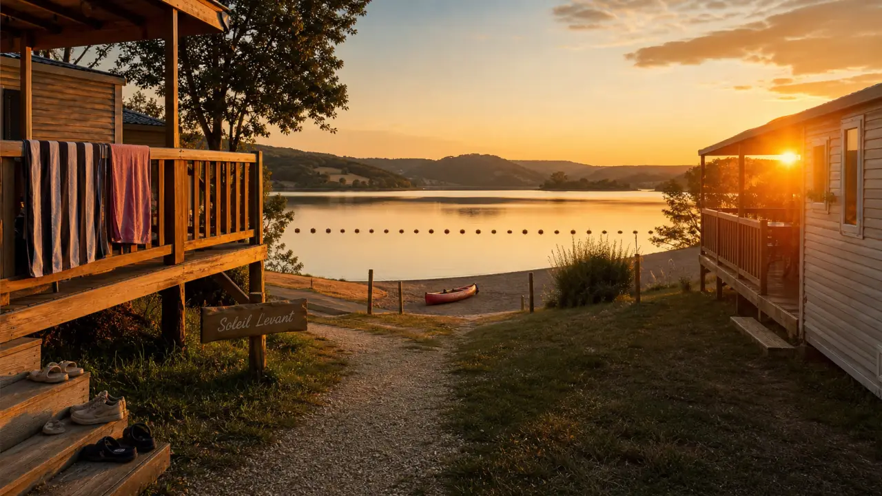Camping soleil levant aveyron au bord du lac de Pareloup, passerelle et plage