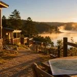 Camping sunêlia la source aveyron : allée vers chalets et vue sur le lac de Sarrans