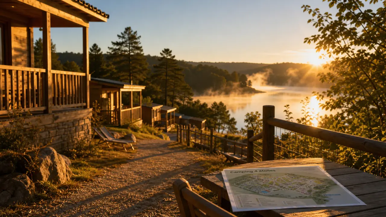 Camping sunêlia la source aveyron : allée vers chalets et vue sur le lac de Sarrans