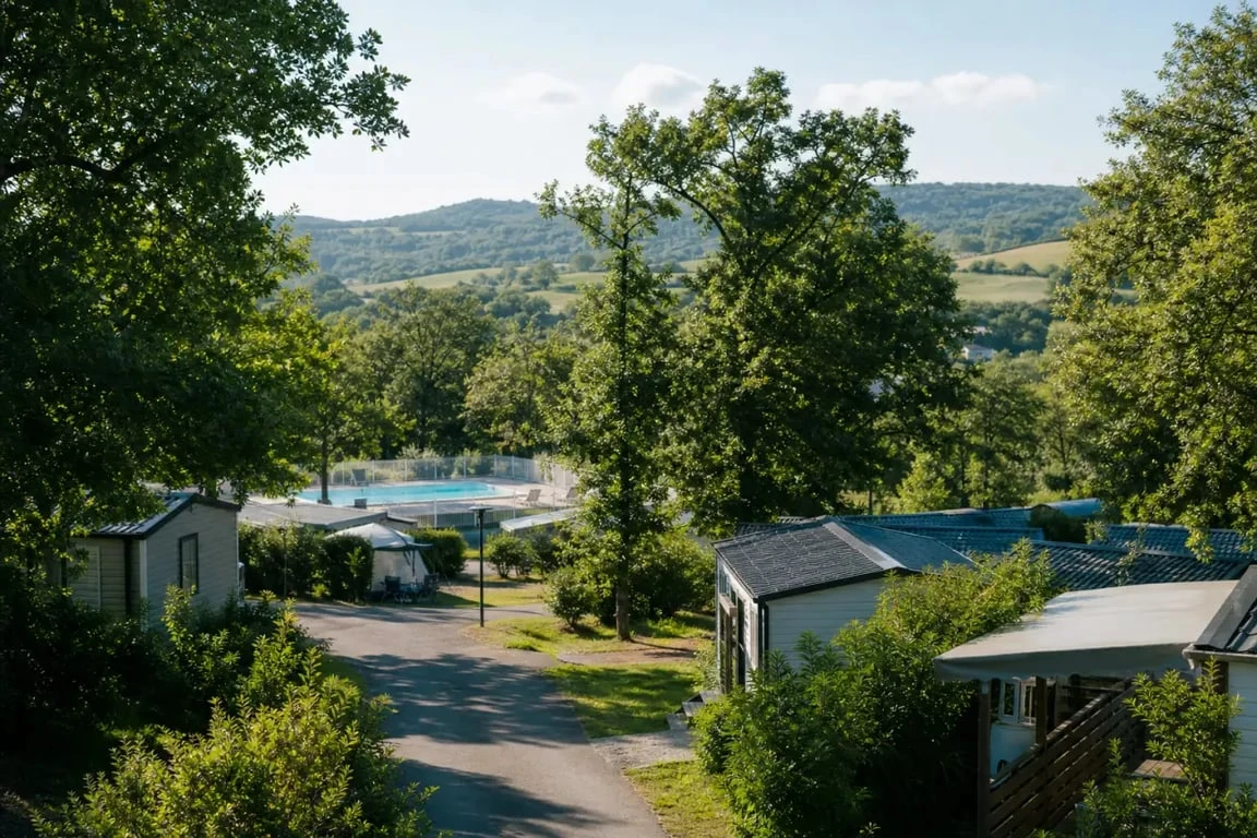 Camping laissac aveyron : vue d'ensemble d'un camping familial arboré avec mobil-homes et piscine en Aveyron