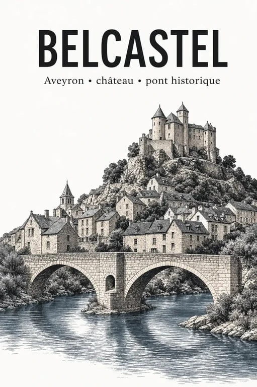 Belcastel aveyron vu depuis le village, château et pont historique près du camping