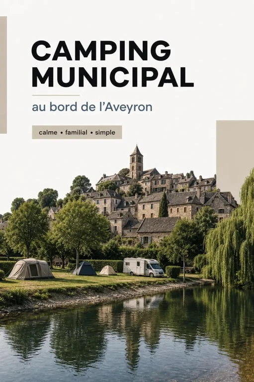 Camping belcastel aveyron au bord de la rivière, avec village médiéval en arrière-plan
