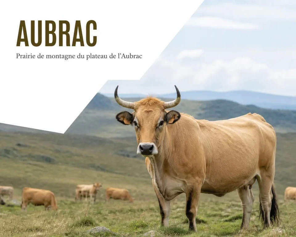 Race aubrac au pâturage sur le plateau de l’Aubrac, vache fauve aux yeux cerclés de noir