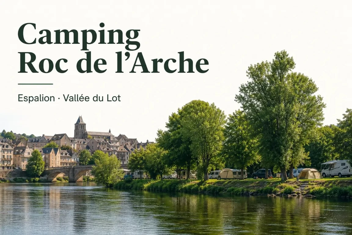Camping Roc de l’Arche vallée du lot aveyron : vue du camping en bord du Lot à Espalion