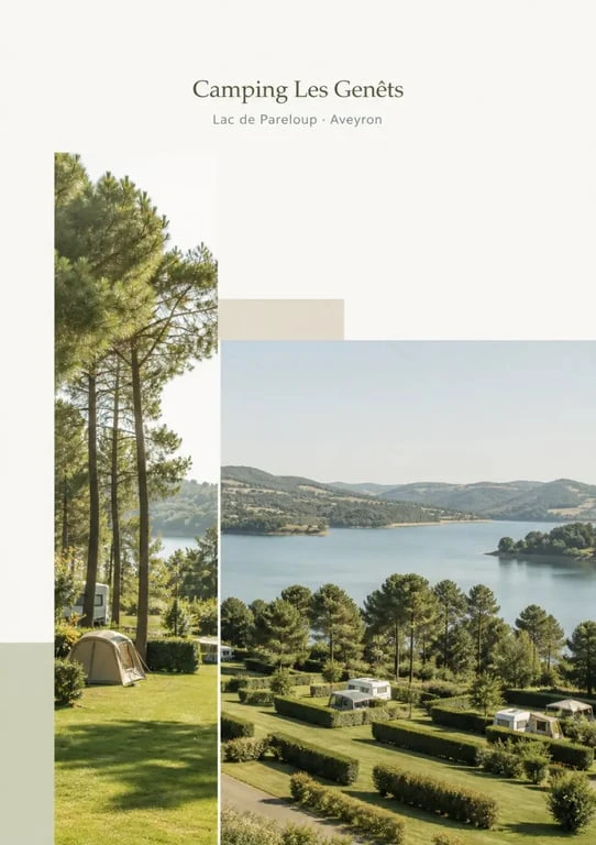 Camping les genets aveyron au bord du lac de Pareloup, vue de vacances nature avec emplacements verdoyants