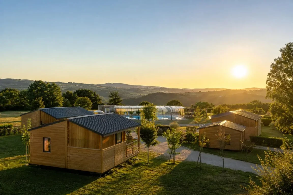 Camping le plô aveyron : vue d’ensemble d’un camping familial calme avec chalets bois et piscine