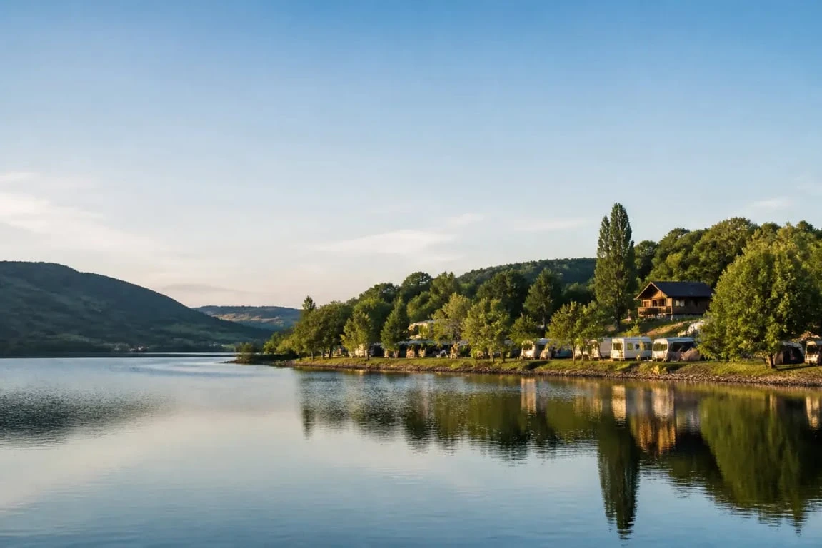 Camping Sunêlia La Source Aveyron au bord du lac de Sarrans avec chalets et paysage naturel