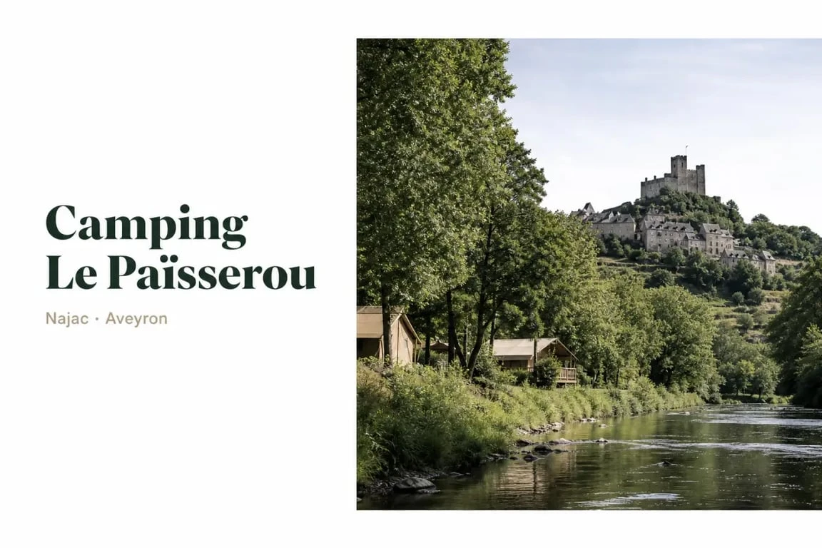 Camping Le Païsserou Najac Aveyron au bord de la rivière avec le village en arrière-plan