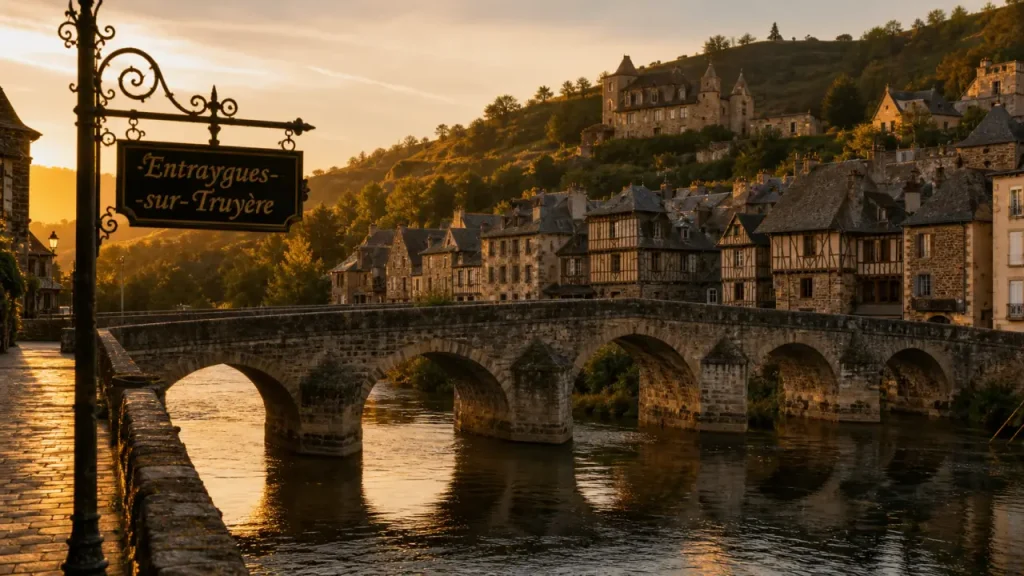 Entraygues : vue du pont gothique sur le Lot et la Truyère, ruelles médiévales