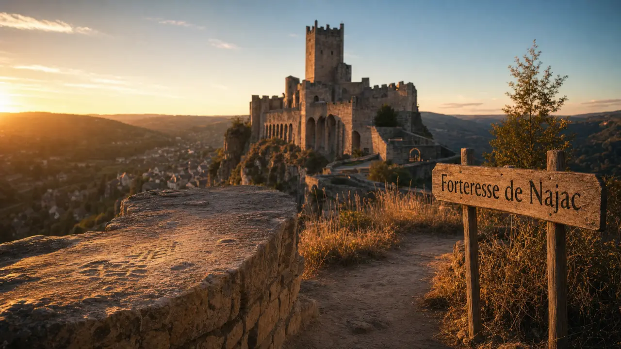 Forteresse royale de Najac et archères, vue depuis le chemin de crête