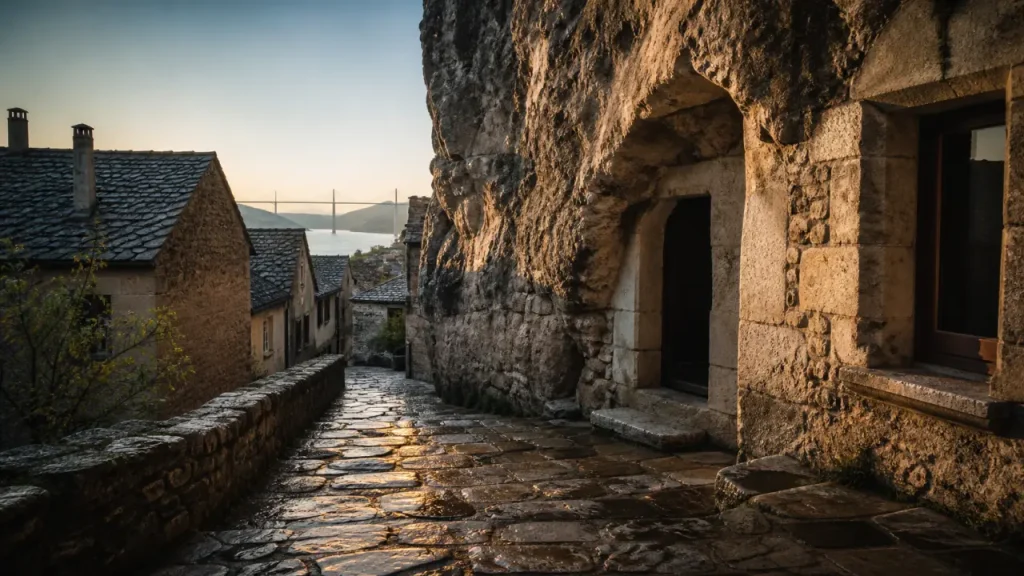 Peyre village troglodyte : ruelles en calades près de la falaise de tuf et du viaduc de Millau