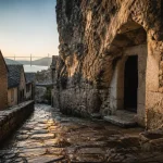 Peyre village troglodyte : ruelles en calades près de la falaise de tuf et du viaduc de Millau