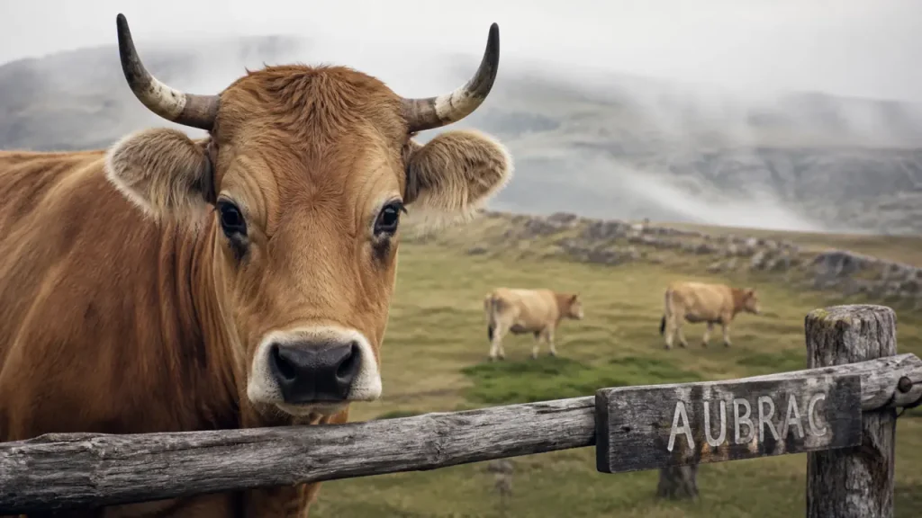 Race aubrac, vache fauve aux yeux au khôl sur le plateau de l’Aubrac