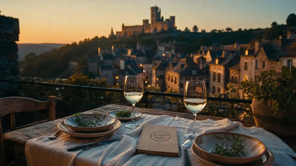 Restaurant Najac : terrasse avec tables et assiettes locales