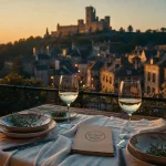 Restaurant Najac : terrasse avec tables et assiettes locales