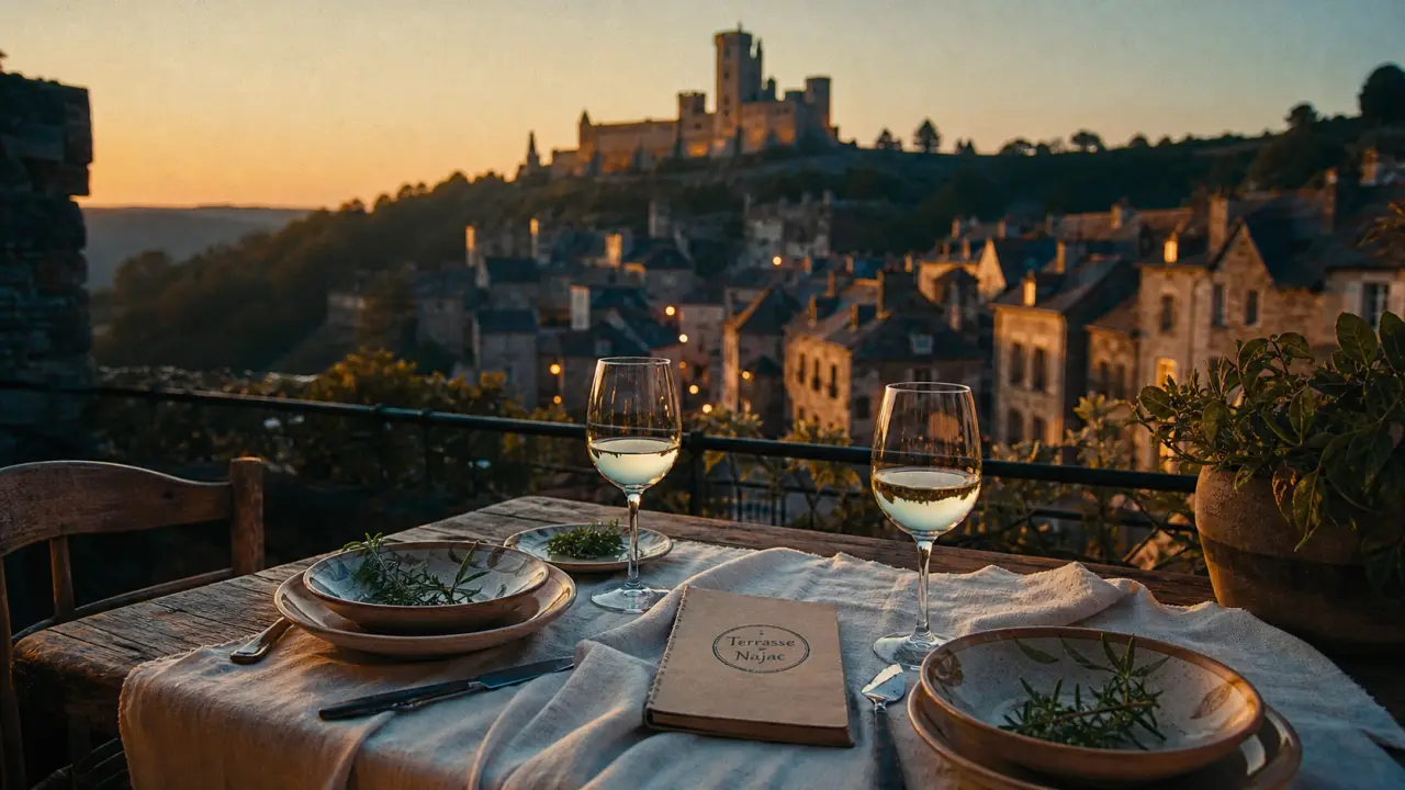 Restaurant Najac : terrasse avec tables et assiettes locales