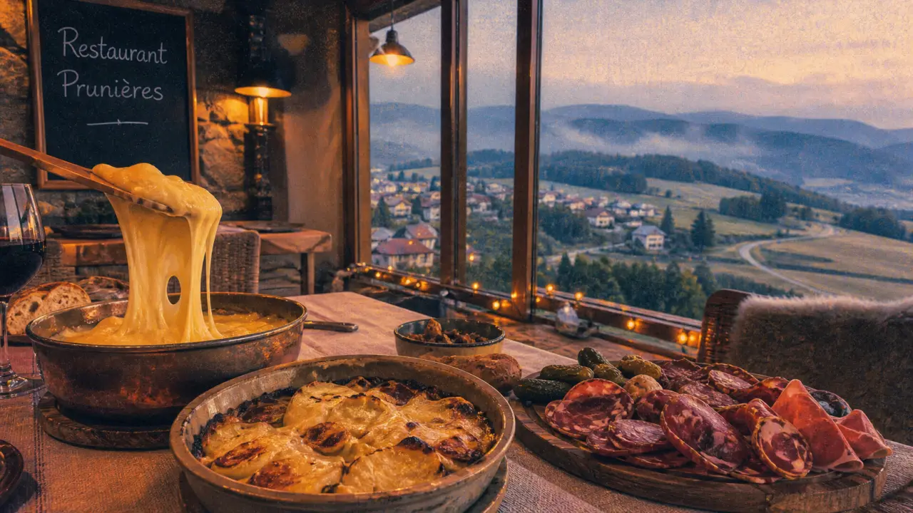 restaurant prunieres aumont aubrac : aligot filant, truffade, charcuterie