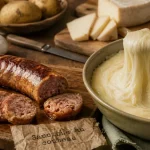 Saucisse au couteau de l'Aveyron et aligot filant, sur table en bois