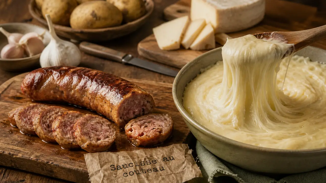 Saucisse au couteau de l'Aveyron et aligot filant, sur table en bois