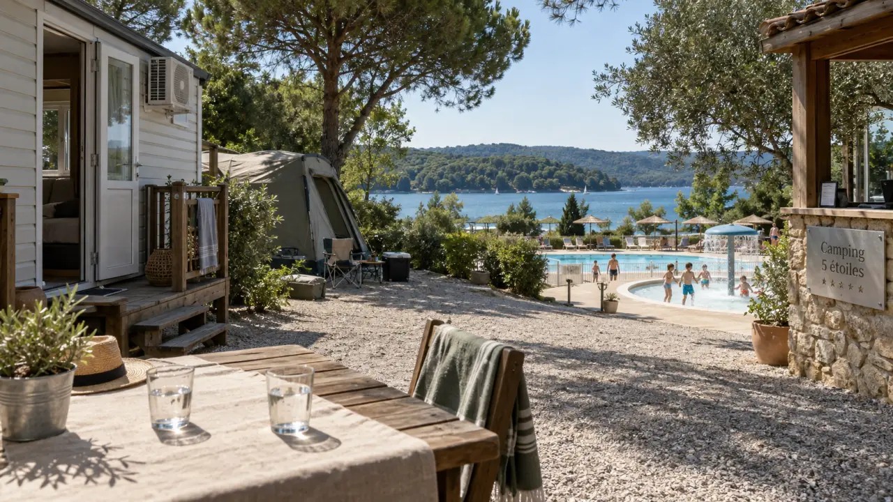 Camping aveyron 5 etoiles : vue lac, terrasse mobil-home et enfants