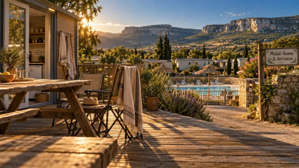 Camping en Aveyron mobil home : terrasse avec piscine et vue Grands Causses
