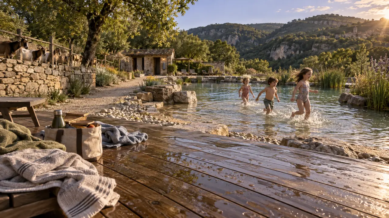 Camping à la ferme en Aveyron avec piscine : enfants près d’un bassin