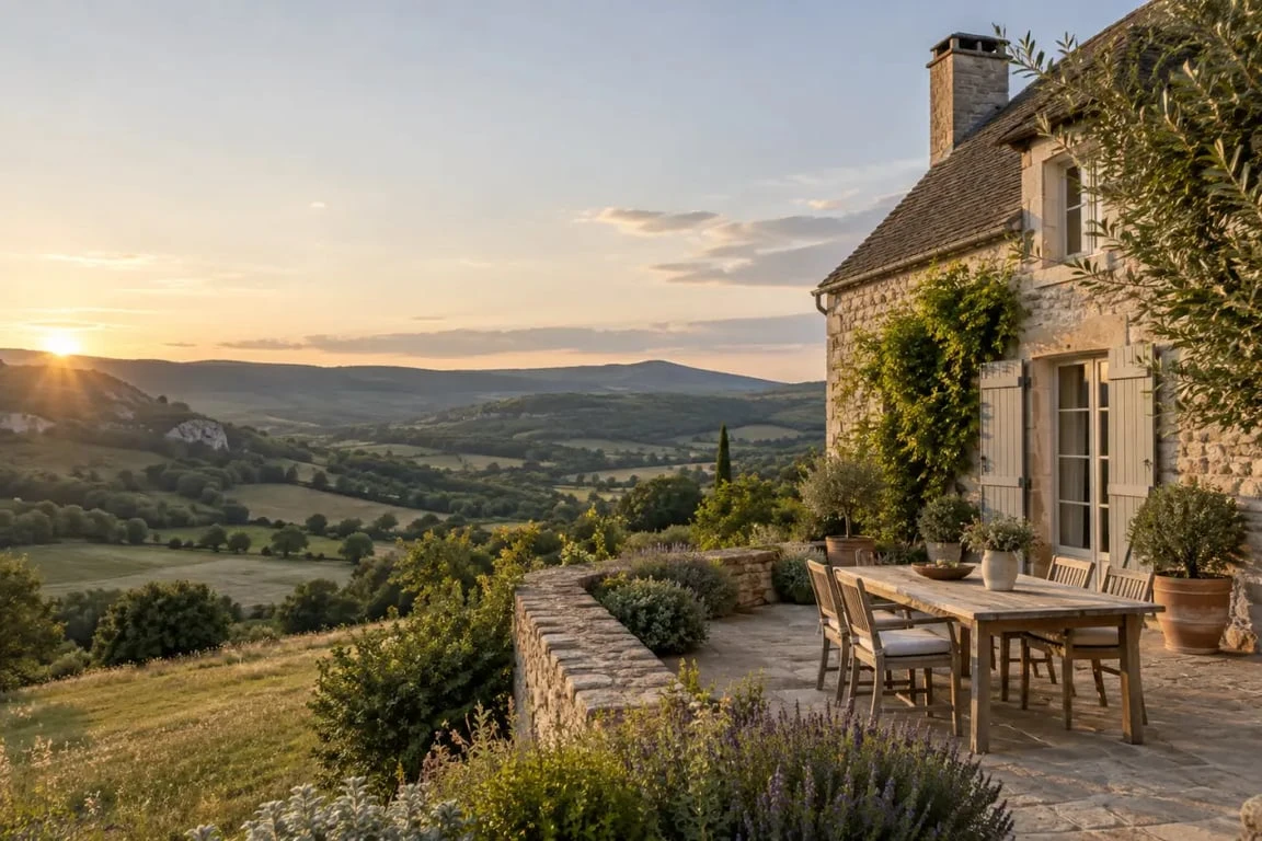 Gîte de France Aveyron en pierre dans un paysage vallonné