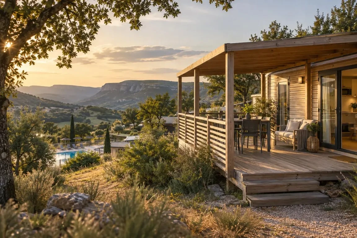 Camping en Aveyron avec mobil-home et terrasse dans un paysage des Grands Causses
